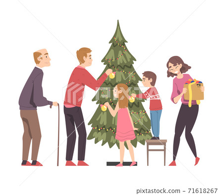 Big Happy Family Decorating Christmas Tree with Baubles, Parents,Kids and Grandfather Preparing for Holiday Celebration, Merry Xmas and New Year Vector Illustration Big Happy Family Decorating Christmas Tree with Baubles, Parents,Kids and Grandfather Preparing for Holiday Celebration, Merry Xmas and New Year Vector Illustration 71618267