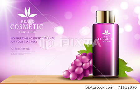 Grape seed skin care cosmetic product poster, bottle package design with moisturizer cream or liquid, sparkling background with glitter polka, vector design EPS10. 71618950