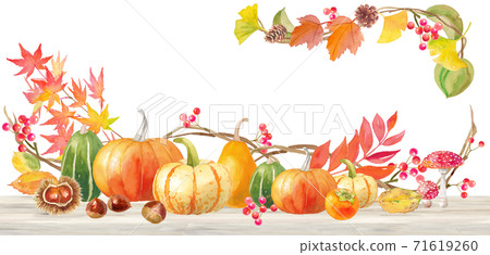 萬聖夜南瓜在桌上的裝飾框架。水彩插圖。 71619260