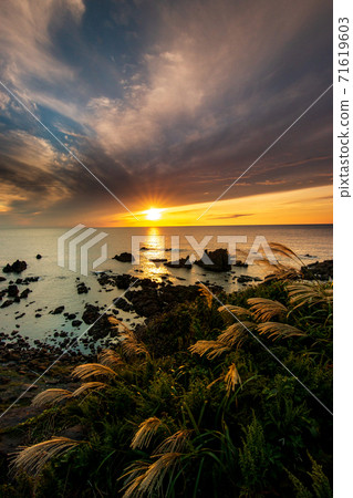 鈴木大海和秋天的夕陽垂直日本海秋田iridaki 71619603