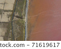High angle drone view of pink lake where salt is extracted, Sasyk Sivash lake in Crimea High angle drone view of pink lake where salt is extracted, Sasyk Sivash lake in Crimea 71619617