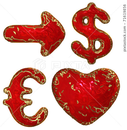 Symbol collection arrow, dollar, euro, heart made of golden shining metallic. Collection of gold shining metallic with red paint symbol isolated on black background. 3d Symbol collection arrow, dollar, euro, heart made of golden shining metallic. Collection of gold shining metallic with red paint symbol isolated on black background. 3d 71619856