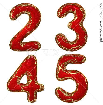 Number set 2, 3, 4, 5 made of realistic 3d render golden shining metallic. Collection of gold shining metallic with red color plastic symbol Number set 2, 3, 4, 5 made of realistic 3d render golden shining metallic. Collection of gold shining metallic with red color plastic symbol 71619858