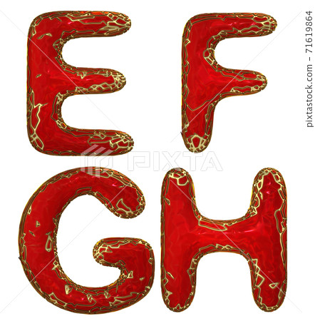 Realistic 3D letters set E, F, G, H made of gold shining metal letters. 71619864