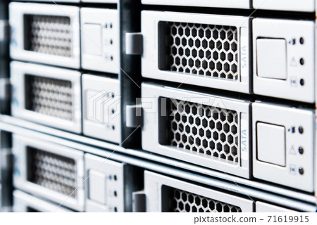 Array of data storage hard drives in internet data center 71619915