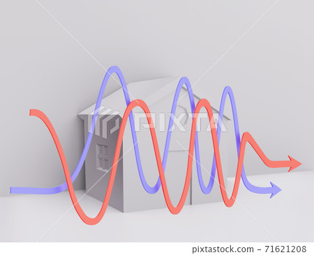 Miniature house and curved arrows. Concept of low cost real estate. Lower mortgage interest rates. Falling prices for rental housing and apartments. Reducing demand for home buying, 3d render 71621208