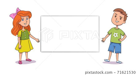 Smiling girl and boy pointing hands on blank empty banner 71621530