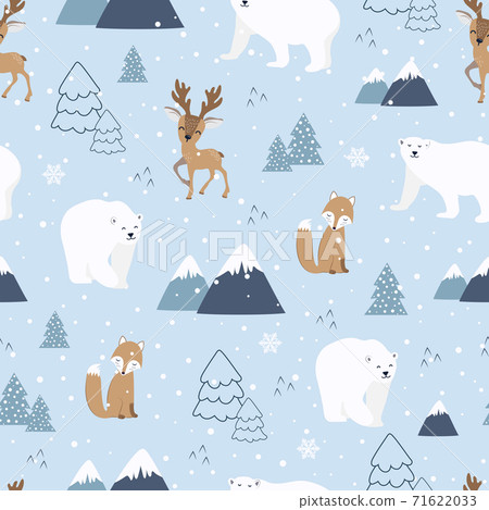Christmas seamless pattern with polar bear background, Winter pattern with deer and fox, wrapping paper, winter greetings, web page background, Christmas and New Year greeting cards 71622033