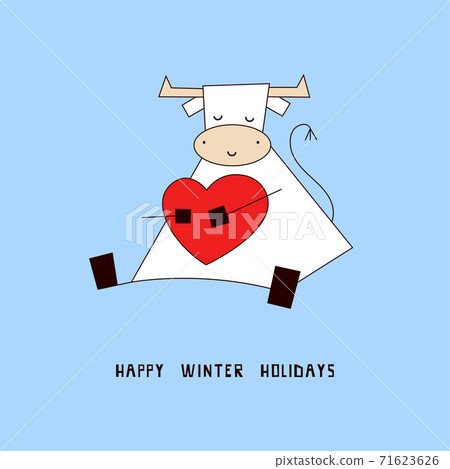 Merry Christmas and Happy New Year 2021. Greeting card, postcard, invitation, seasonal poster, flyer, banner, Christmas themed design template with white ox, bull, cow. Love and care. Winter holidays. 71623626