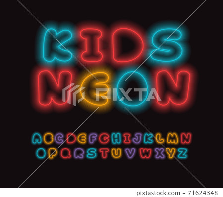 Colored neon font, colorful outlines letter and numbers set with neon colored glow on black background. Fluorescent shine Typeset for entertaiment, cinema, kids birthday, nighlife. Vector typography Colored neon font, colorful outlines letter and numbers set with neon colored glow on black background. Fluorescent shine Typeset for entertaiment, cinema, kids birthday, nighlife. Vector typography 71624348