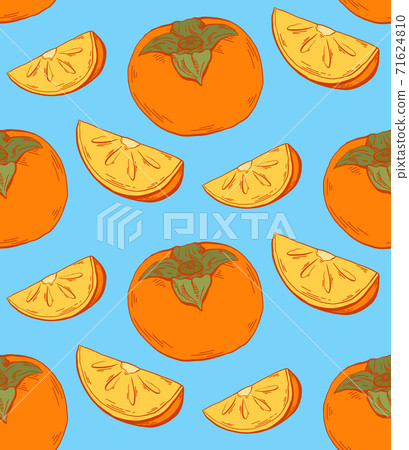 Persimmon color sketch seamless contour pattern on blue background. Healthy food with fruits and slices. Vector colorful texture 71624810