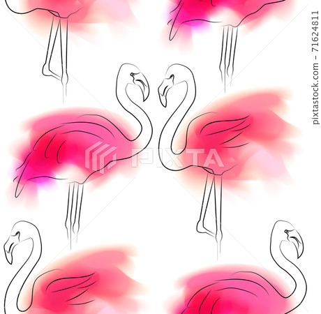 Seamless pattern with outline illustration of pair flamingo with pink color stains on white background. Love in relationship. Contour family bird. Vector texture 71624811