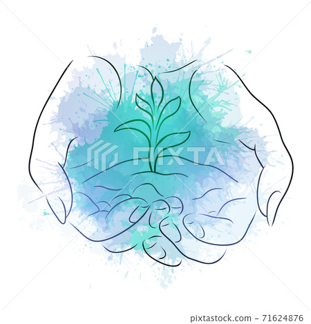 Contour sketch of female hands holding a sprout with turqujise watercolor splashes. World Environment Day. Protection and preservation of nature by man. Vector outline drawing Contour sketch of female hands holding a sprout with turqujise watercolor splashes. World Environment Day. Protection and preservation of nature by man. Vector outline drawing 71624876