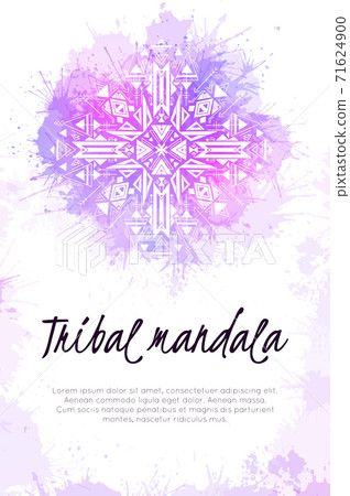 Vertical mystic card with folk pattern and place for text. Tribal geometric mandala with watercolor splashes. Vector native template 71624900