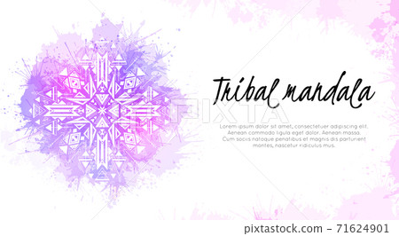 Horizontal mystic card with folk pattern and place for text. Tribal geometric mandala with watercolor splashes. Vector native template 71624901