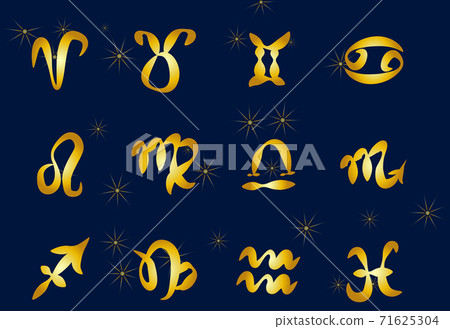 Set of golden Zodiac signs on a dark background. Square icons. Set of golden Zodiac signs on a dark background. Square icons. 71625304
