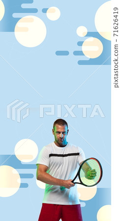 Man playing tennis isolated on blue geometric styled studio background in neon light, vertical flyer 71626419