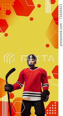 Male hockey player with the stick on orange-red geometric styled background, vertical flyer. 71626421