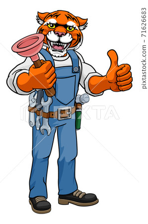 Tiger Plumber Cartoon Mascot Holding Plunger Tiger Plumber Cartoon Mascot Holding Plunger 71626683
