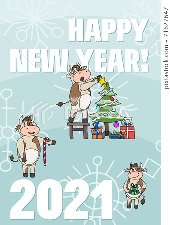New Year greeting card and cow doodle drawing 71627647