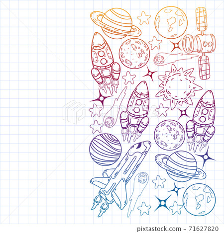 Vector doodle space pattern. Earth, Moon, Jupiter, Sun, Saturn. 71627820