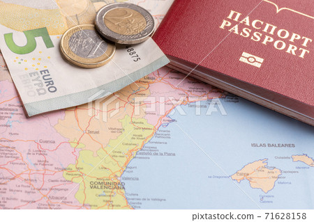 Travel and tourist packages - Russian passport, euro, vacation planning cards 71628158