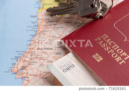 Travel and tourist packages - Russian passport, euro, maps, house keys and vacation planning machines 71628161