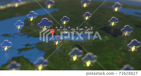 Stormy weather icons near Helsinki city on the map, weather forecast related 3D rendering 71628827