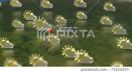Partly cloudy weather icons near Kazan city on the map, weather forecast related 3D rendering 71628835