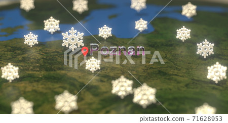 Poznan city and snowy weather icon on the map, weather forecast related 3D rendering Poznan city and snowy weather icon on the map, weather forecast related 3D rendering 71628953