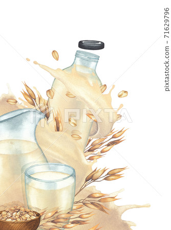 Watercolor glass, jug and bottle of the plant based milk surrounded by bowls of oat and decorated with cereals Watercolor glass, jug and bottle of the plant based milk surrounded by bowls of oat and decorated with cereals 71629796