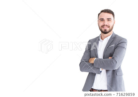 Caucasian businessman presentation smiling arm crossed posture isolated on white background. Caucasian businessman presentation smiling arm crossed posture isolated on white background. 71629859