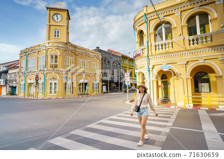 Travelers on street Phuket old town with Building Sino Portuguese architecture at Phuket Old Town  71630659