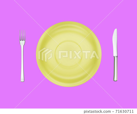 Yellow empty dinner plate, fork and knife isolated on pink background. Preparation for the holiday, table setting, view top. 3d render 71630711