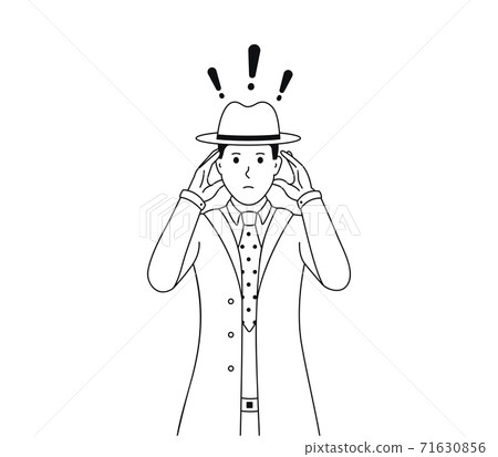 The sad detective holds his head. A man dressed in a suit and hat. Vector illustration of a man who has a headache or is tired isolated on white background. Panic cartoon art 71630856