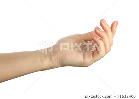 Cute female hand with pink manicure isolated on white background 71632406