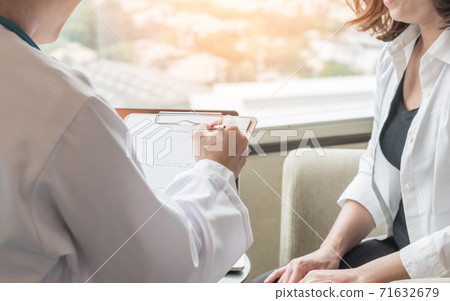 Breast cancer awareness in menopause woman who consulting with doctor diagnostic examining on obstetric - gynaecological female patient illnes and health in medical clinic 71632679