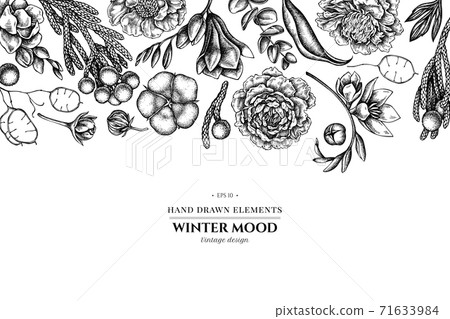 Floral design with black and white ficus, eucalyptus, peony, cotton, freesia, brunia 71633984