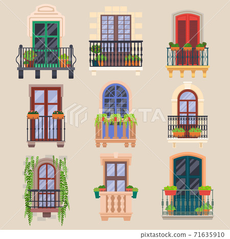 Balcony windows, house facade cartoon banisters vector 71635910