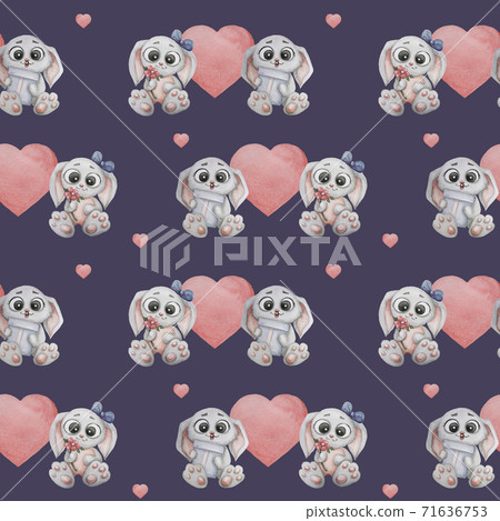 Seamless patterns. Cute animals. Two gray bunnies in love. A girl with a bow and a flower and a boy with a gift in his paws on a dark purple background with pink hearts. Watercolor. Romantic drawing Seamless patterns. Cute animals. Two gray bunnies in love. A girl with a bow and a flower and a boy with a gift in his paws on a dark purple background with pink hearts. Watercolor. Romantic drawing 71636753