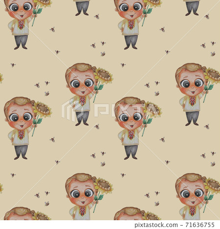Seamless patterns. Handsome cute man in an embroidered shirt raised a yellow sunflower flower with his hand. Bees fly nearby. The concept of honey, pollination of flowers and beekeeping. Watercolor 71636755