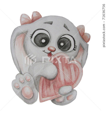Cute cartoon rabbit girl with bows on the ears and with a heart in her paws. Watercolor. hand drawing. Isolated on white background. Cute cartoon rabbit girl with bows on the ears and with a heart in her paws. Watercolor. hand drawing. Isolated on white background. 71636756