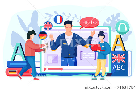 Online English lesson. Students during the class. Foreign language. Teacher on the screen says hello 71637794