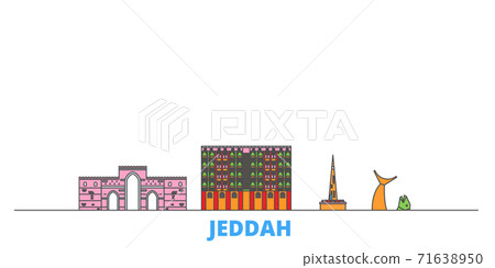 Saudi Arabia, Jeddah line cityscape, flat vector. Travel city landmark, oultine illustration, line world icons Saudi Arabia, Jeddah line cityscape, flat vector. Travel city landmark, oultine illustration, line world icons 71638950