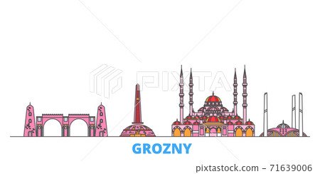 Russia, Grozny line cityscape, flat vector. Travel city landmark, oultine illustration, line world icons Russia, Grozny line cityscape, flat vector. Travel city landmark, oultine illustration, line world icons 71639006
