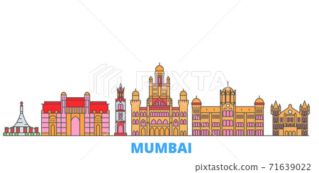 India, Mumbai 2 line cityscape, flat vector. Travel city landmark, oultine illustration, line world icons India, Mumbai 2 line cityscape, flat vector. Travel city landmark, oultine illustration, line world icons 71639022
