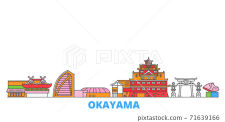 Japan, Okayama line cityscape, flat vector. Travel city landmark, oultine illustration, line world icons Japan, Okayama line cityscape, flat vector. Travel city landmark, oultine illustration, line world icons 71639166