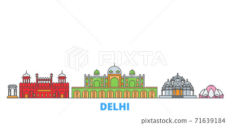 India, Delhi line cityscape, flat vector. Travel city landmark, oultine illustration, line world icons 71639184