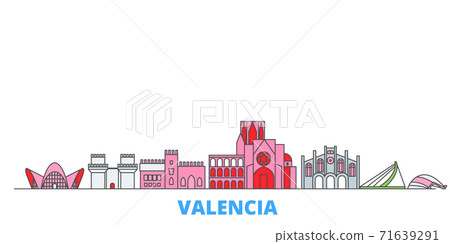 Spain, Valencia line cityscape, flat vector. Travel city landmark, oultine illustration, line world icons Spain, Valencia line cityscape, flat vector. Travel city landmark, oultine illustration, line world icons 71639291