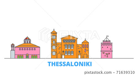 Greece, Thessaloniki line cityscape, flat vector. Travel city landmark, oultine illustration, line world icons Greece, Thessaloniki line cityscape, flat vector. Travel city landmark, oultine illustration, line world icons 71639310